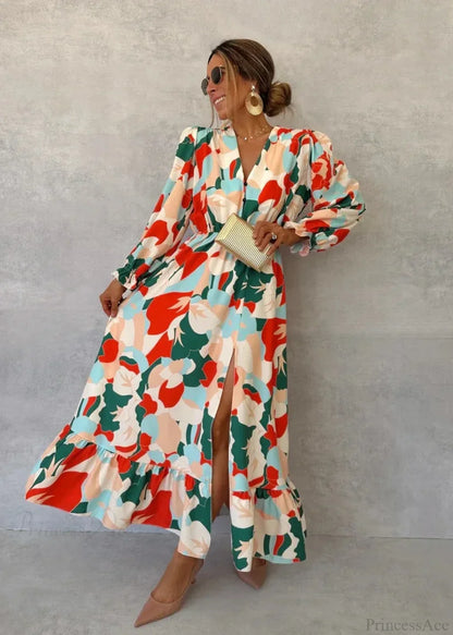 Elegant V-neck Printed Floral Dress