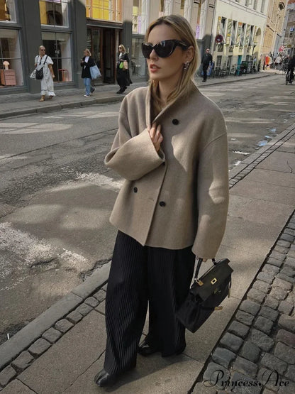 Elegant Warm Solid Woolen Cropped Stand Collar Double Breasted Long Sleeves Stylish Coat