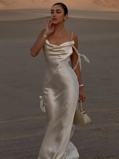 Elegant White Satin Maxi Vacation Dress