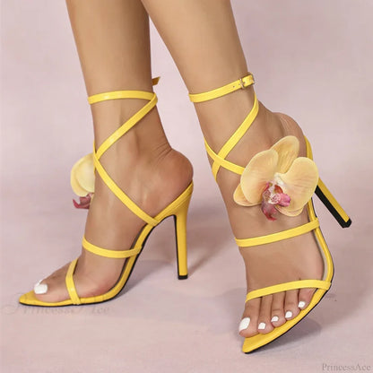Elegant Women Wedding Banquet Shoes Pink Flowers Designer Sandals Pointed-Toe Gladiator High-Heels High Heel