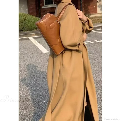 Elegant Woolen Belted Long Overcoat