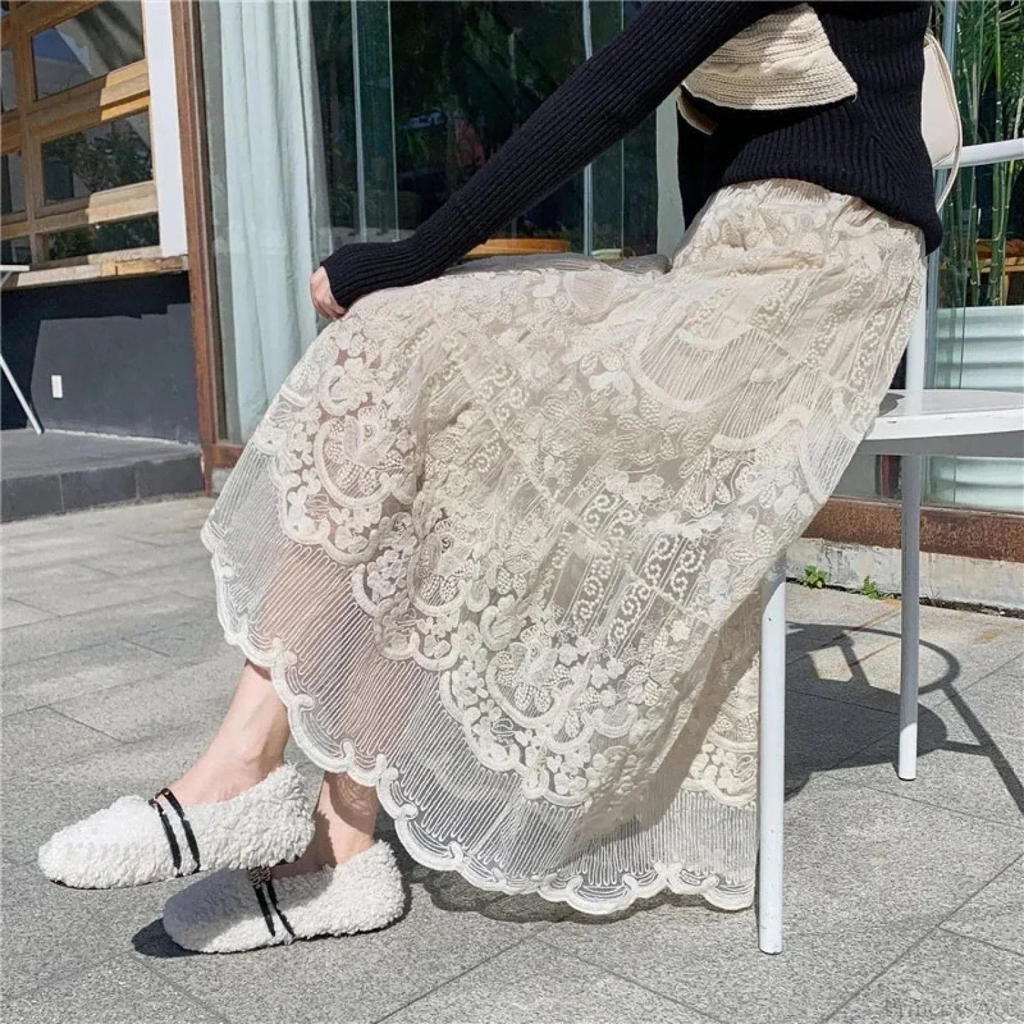 Embroidered Flower Lace High Waist Boho Skirt
