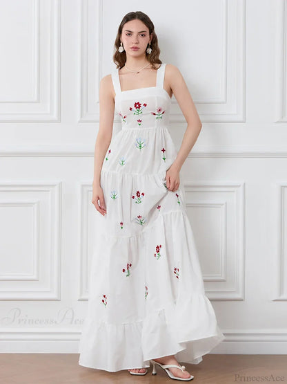 Embroidered Flower Ruched Tiered Slip Floral Dress