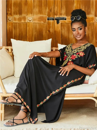 Embroidered Kaftan Beach Vacation Floral Dress