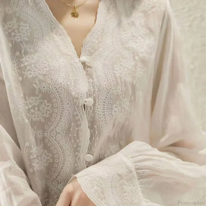 Embroidered Lace V-neck Linen Blouse Autumn Blouse