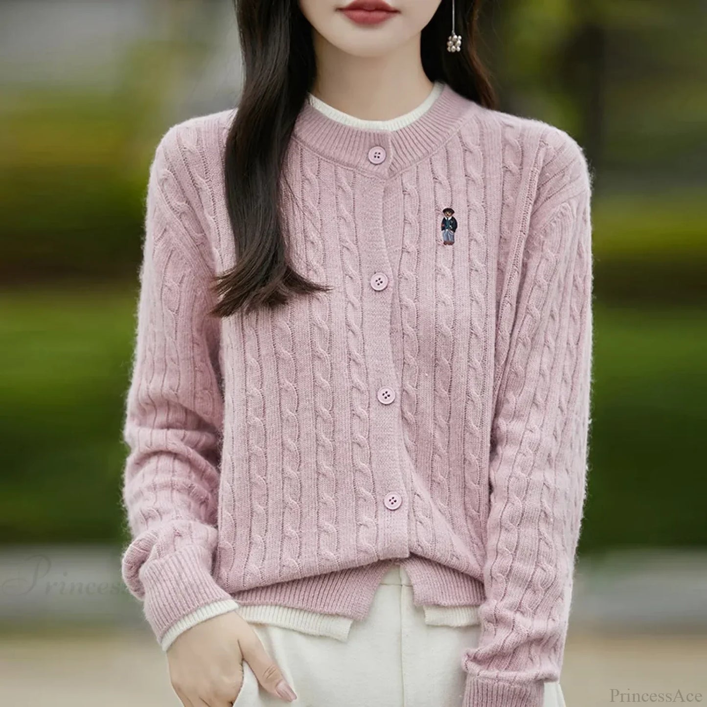 Embroidered Little Bear Loose Cashmere O-Neck Cardigan