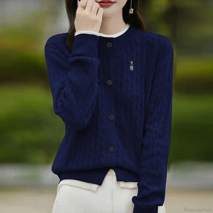 Embroidered Little Bear Loose Cashmere O-Neck Cardigan