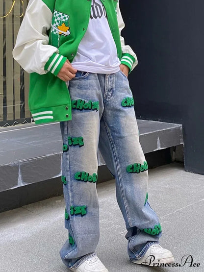 Embroidery Hiphop Flocking Autumn Wide-leg Fashion High Waist Style Pants Jean