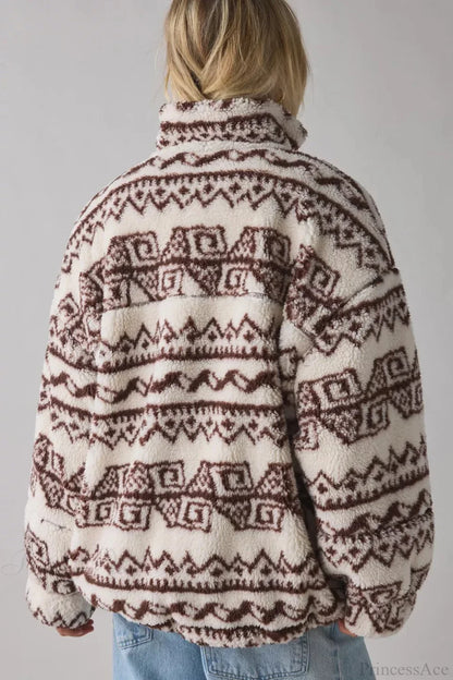 Ethnic Fleece Stand Collar Zipper Coat