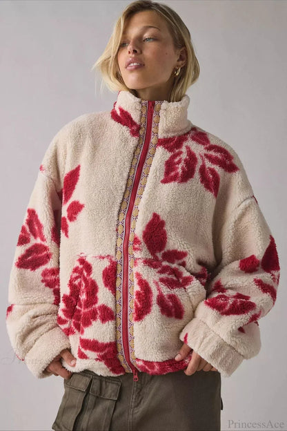 Ethnic Fleece Stand Collar Zipper Coat