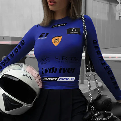 European American Motorcycle Style Letter Print Slim Knit Top