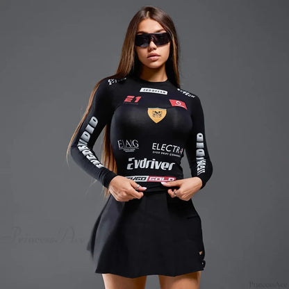 European American Motorcycle Style Letter Print Slim Knit Top