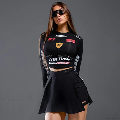European American Motorcycle Style Letter Print Slim Knit Top