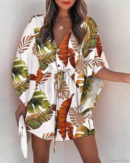 European Fashion Print V-neck Vacation Dress