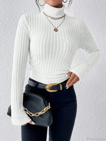 Explosive Solid Color High-Neck Slim Long Sleeve Top Women