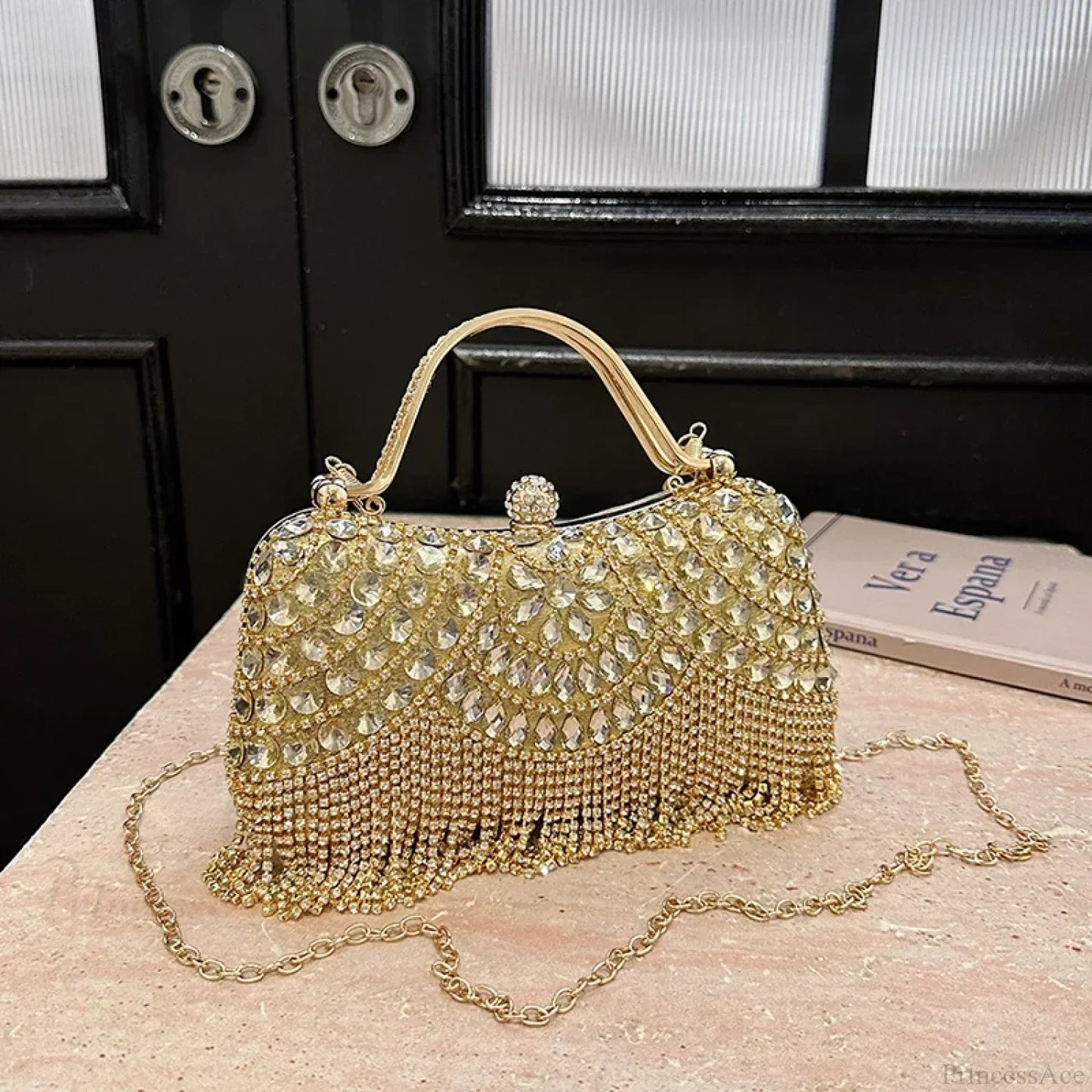 Exquisite Diamonds Gold Silver Hasp Chain Clutch Bag