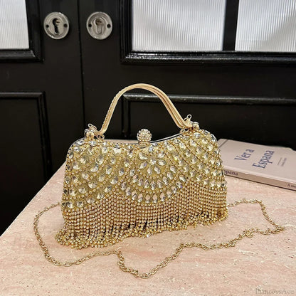 Exquisite Diamonds Gold Silver Hasp Chain Clutch Bag