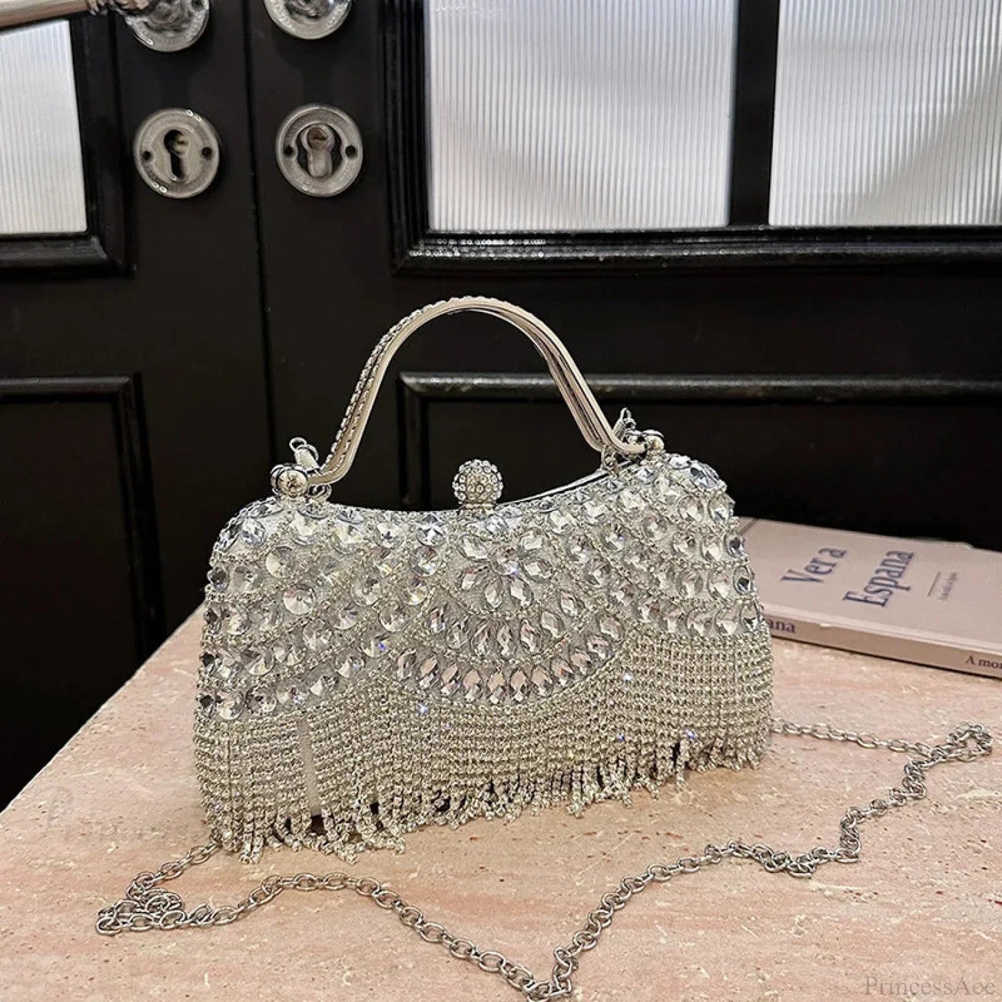 Exquisite Diamonds Gold Silver Hasp Chain Clutch Bag