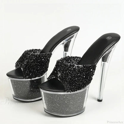 Extreme 17CM Pole-Dance Sequined Transparent Platform Peep-Toe Sexy Slipper Stripper High Heel