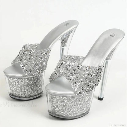Extreme 17CM Pole-Dance Sequined Transparent Platform Peep-Toe Sexy Slipper Stripper High Heel