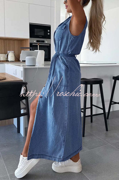 Solid Color Sleeveless Single Breasted Waist Tie Casual Pocket Denim Midi Dress