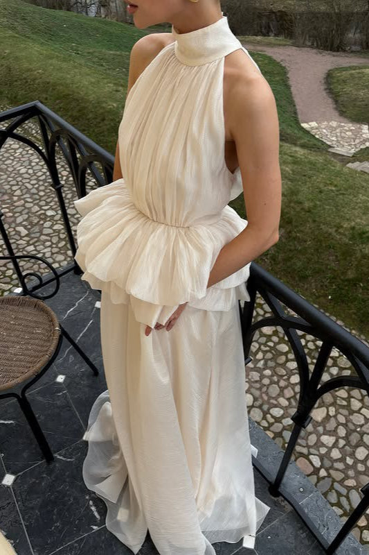 Mock Neck Sleeveless Peplum Reception Dress