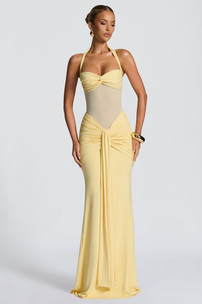 Vestido largo de fiesta de malla con tirantes finos
