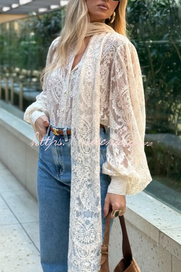 Solid Color Sheer Lace Elegant Ribbon Long-sleeved Shirt