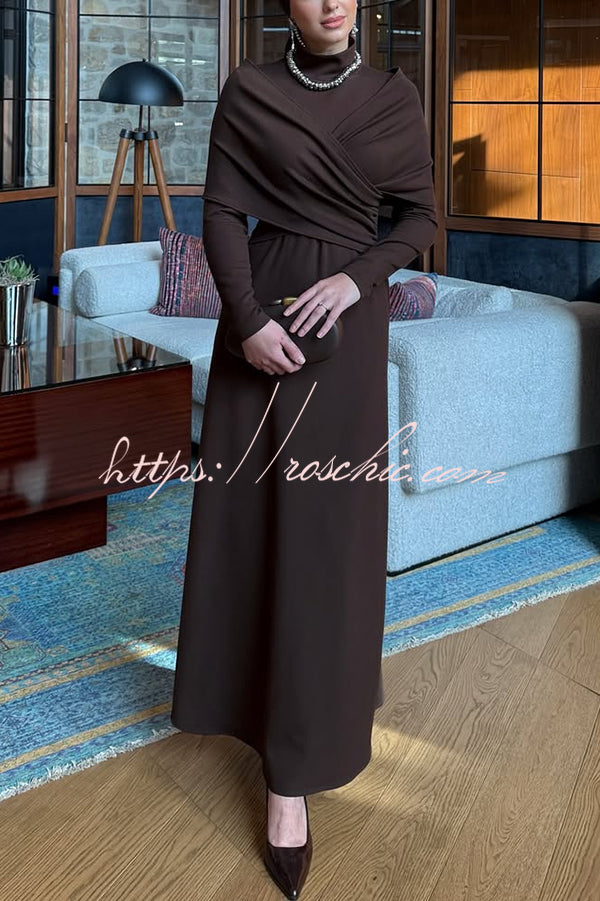 Solid Color High-neck Long-sleeved Crossover Waist Slim-fit Maxi Dress