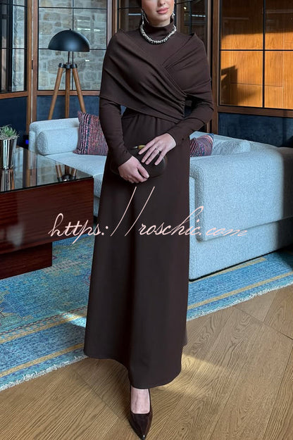 Solid Color High-neck Long-sleeved Crossover Waist Slim-fit Maxi Dress