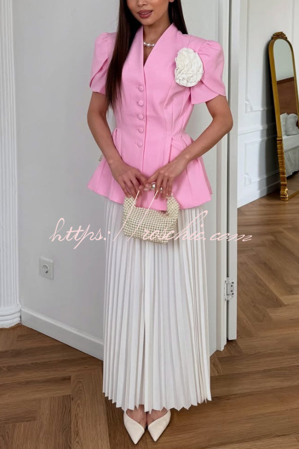 Stylish Floral-decorated V-neck Short-sleeved Button-down Blazer