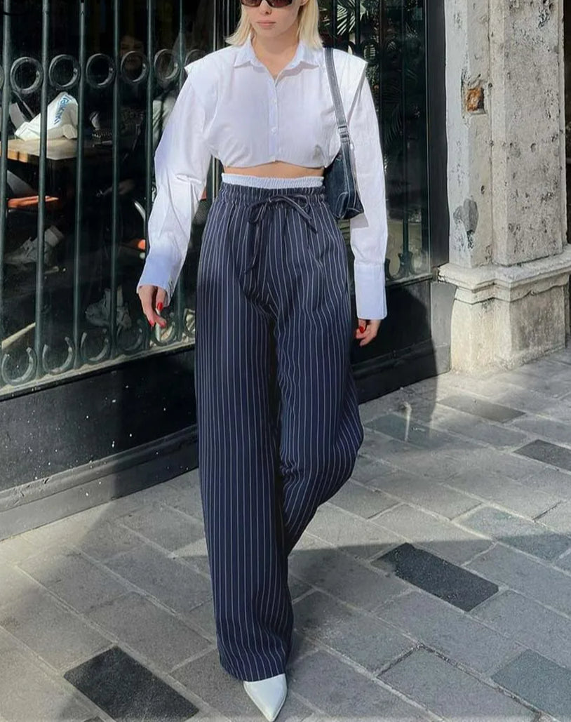 Grey Solid Crop Print Trousers Office Two Piece Set
