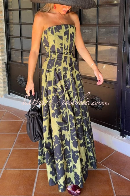Elara Linen Blend Floral Print Princess Line Design Detachable Sleeves Maxi Dress