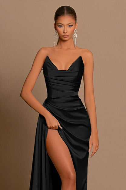 Elegant  Slim Deep V Corset Satin Slit Formal Dress