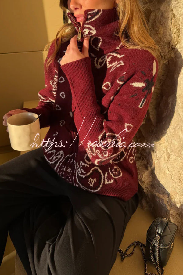 Fashionable Jacquard Turtleneck Long-sleeved Casual Zip-up Pocket Knit Top