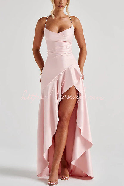 Solid Color Sexy Backless Lace-up Irregular Ruffled Maxi Dress
