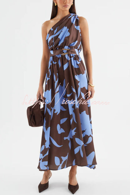 Unique Printed One-Shoulder Belt Casual Holiday Maxi Dress