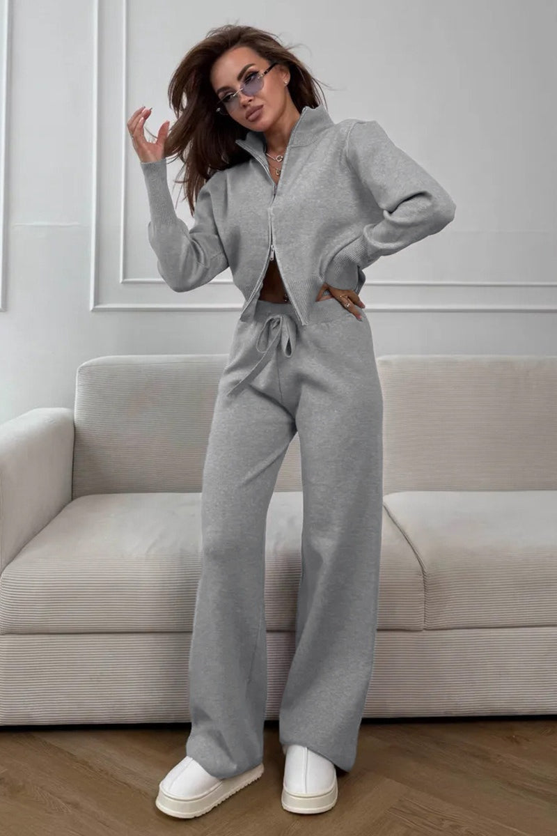Two-Way Zipper Fitted Knit Commuter Two Piece Set