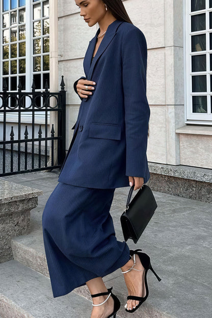 Conjunto de blazer de manga larga con solapa a rayas y falda con abertura