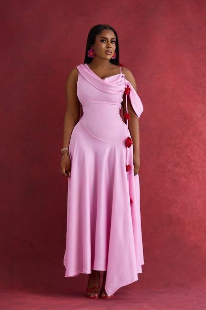 Vestido maxi cami con cuello vuelto y hombros asimétricos lisos