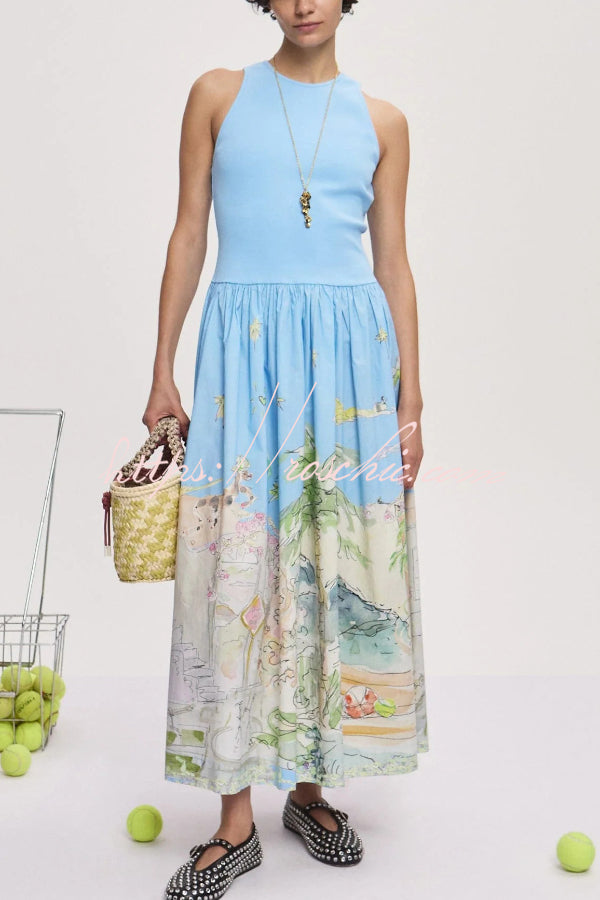 Ink Wash Print Round Neck Sleeveless Resort-style Midi Dress