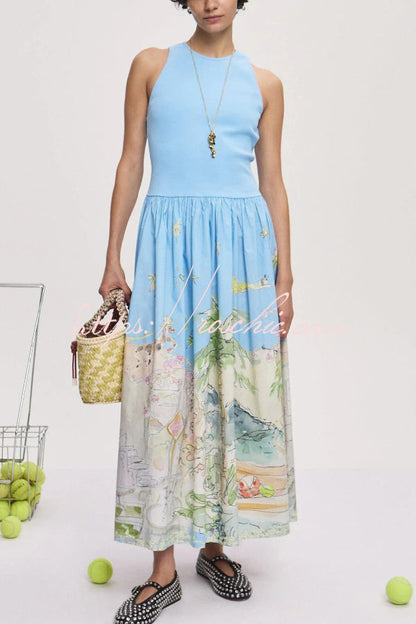 Ink Wash Print Round Neck Sleeveless Resort-style Midi Dress