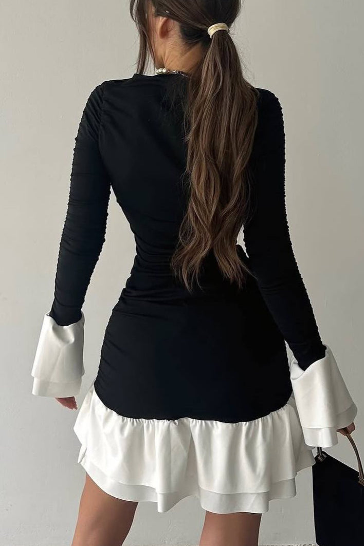 Color Block Ruched Fitted Flared Sleeve Ruffled Hem Mini Dress