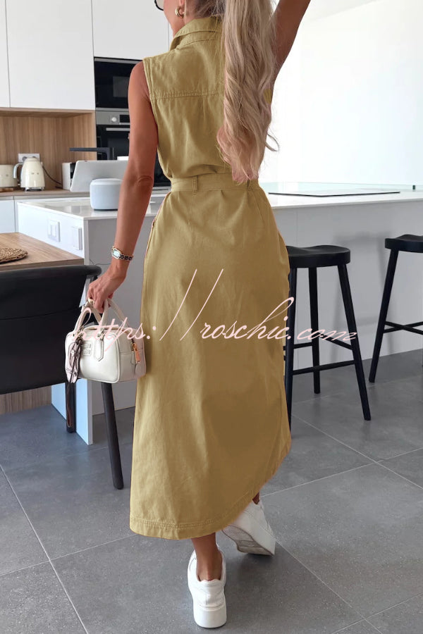 Solid Color Sleeveless Single Breasted Waist Tie Casual Pocket Denim Midi Dress
