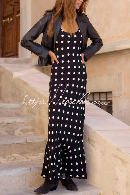 Polka Dot Print Sleeveless Spaghetti Strap Slim-fit Elegant Ruffled Hem Maxi Dress