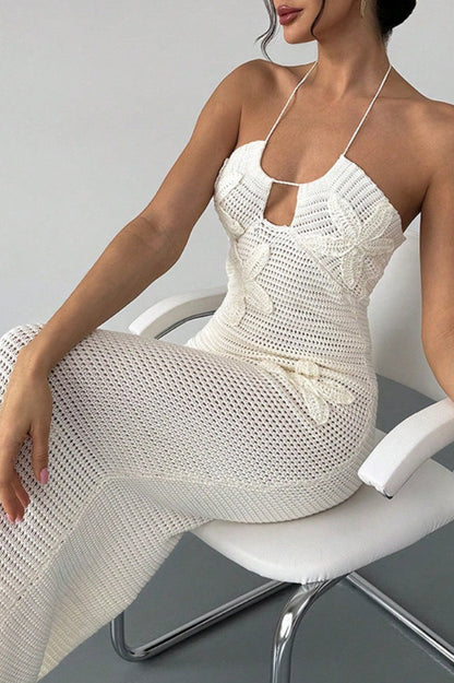 Cutout Floral Halter Tie  Casual Beach Sweater Dress