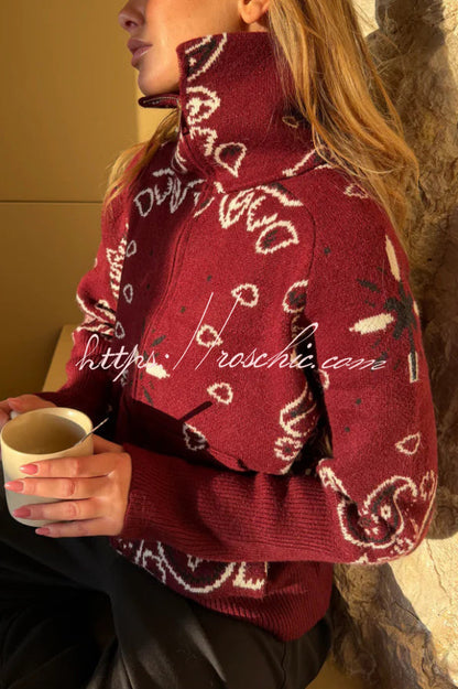 Fashionable Jacquard Turtleneck Long-sleeved Casual Zip-up Pocket Knit Top
