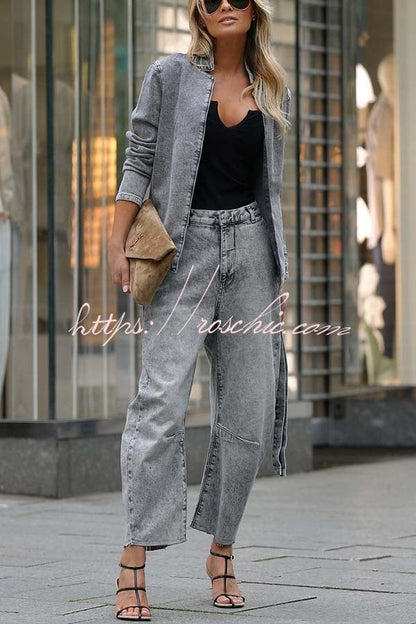 Casual Meetup Denim Stand Neck Long Sleeve Belted Loose Jacket
