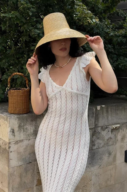 Vestido maxi pastoral de punto con cuello de pico y volantes franceses