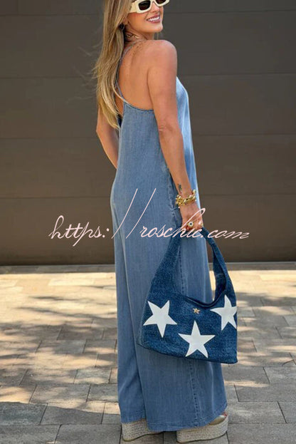 Favorite Fit Denim Back Cross Slip Pocket Wide Leg Jumpsuit